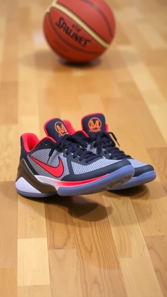 Stephen Curry 6 basketball shoes on a wooden floor with a basketball in the background.